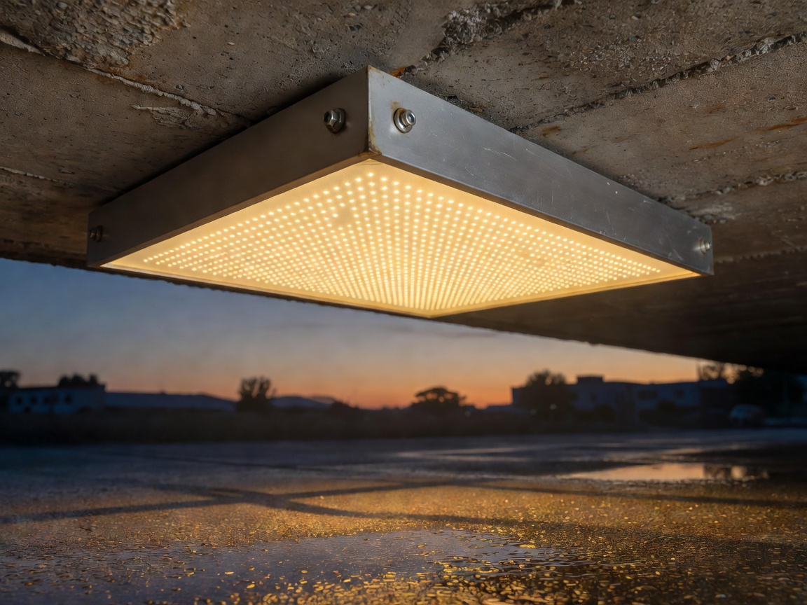 Detail of LED canopy fixture emitting warm dawn light